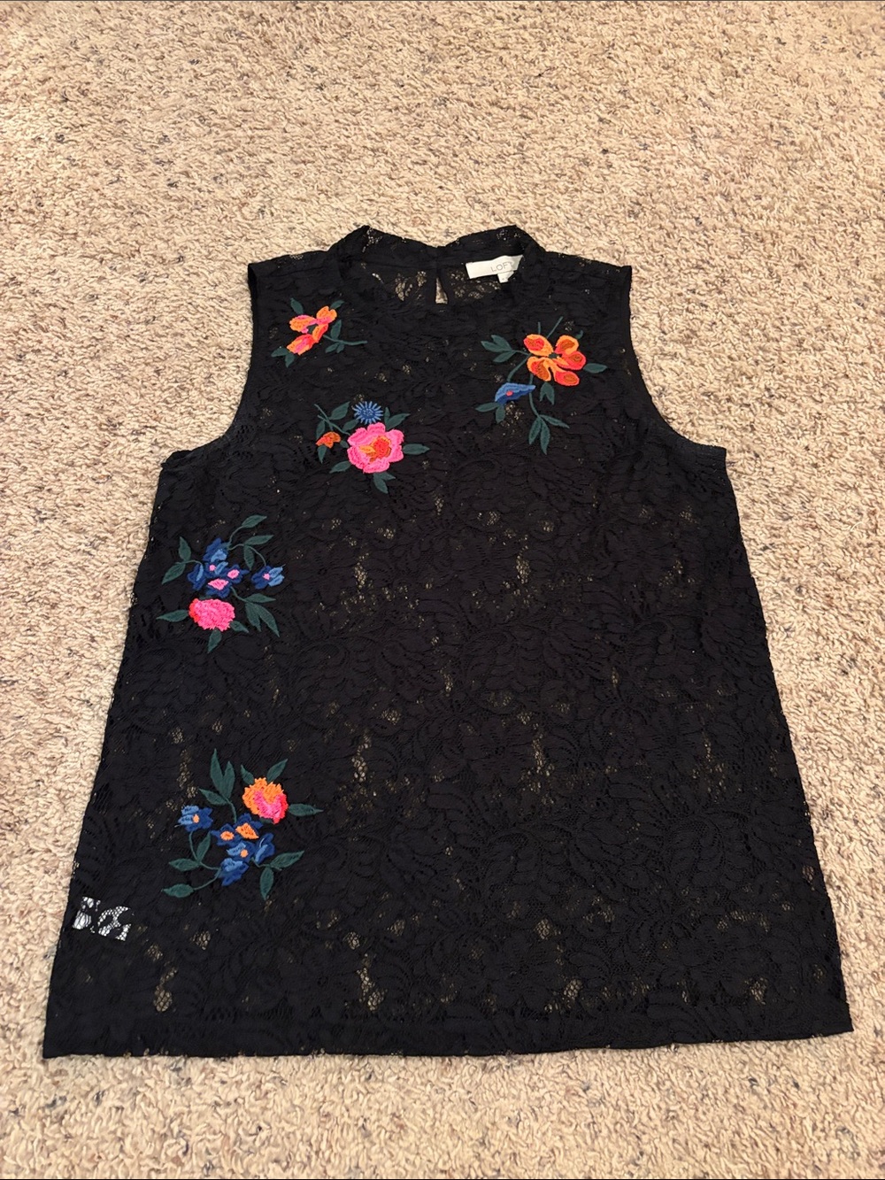 LOFT Black Lace Top Floral Embroidery